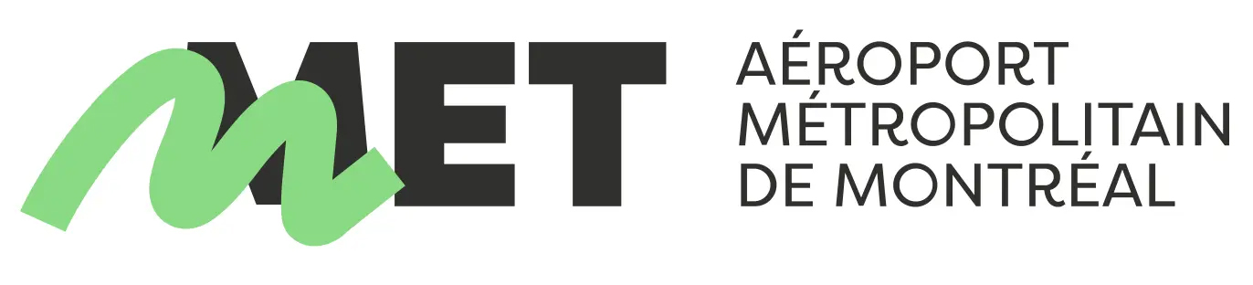 Logo de l'Aéroport Métropolitain de Montréal avec un M vert stylisé à gauche.