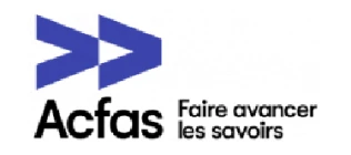 Logo bleu avec deux flèches et texte Acfas Faire avancer les savoirs.