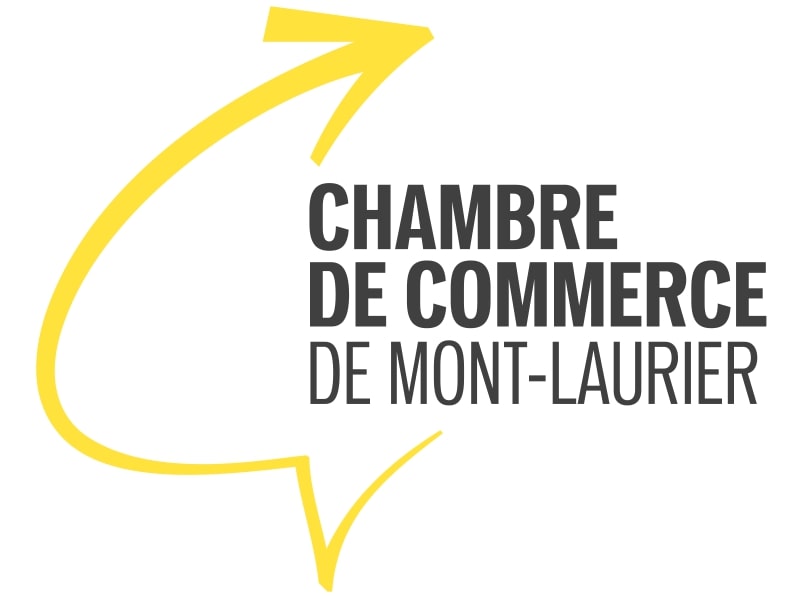 Logo de la Chambre de commerce de Mont-Laurier avec une flèche jaune enroulée.