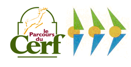 Logo Les Parcs du Cerf avec silhouette d’un cerf et trois formes stylisées vertes et bleues.