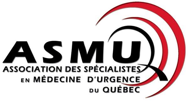 Logo de l'Association des spécialistes en médecine d'urgence du Québec avec arcs rouges et noirs.