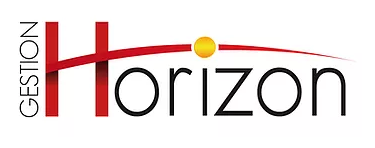 Logo avec le mot Horizon avec un point jaune relié par une courbe rouge et le mot Gestion verticalement.