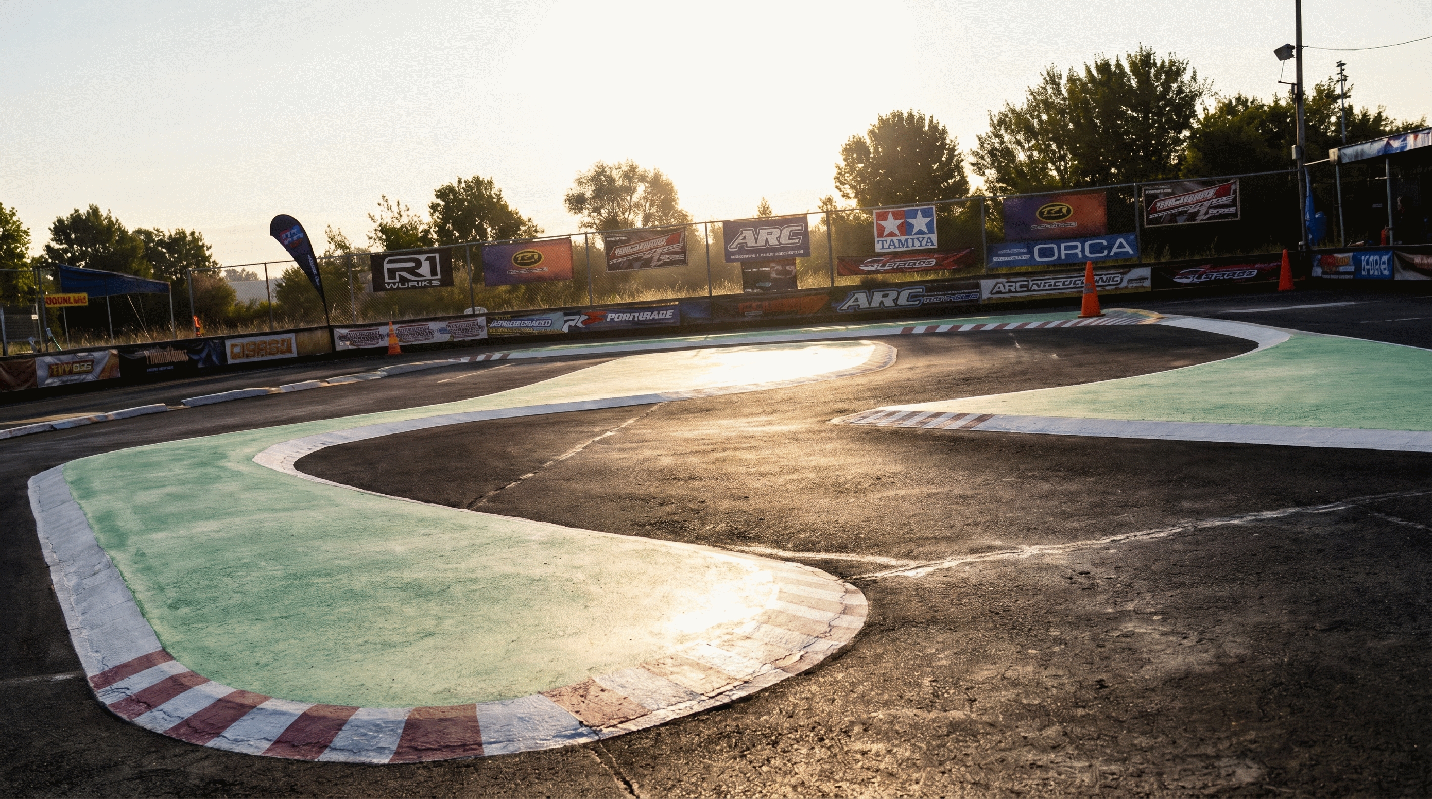 Curved outdoor race track section with green and red striped curbs and banners on a fence.