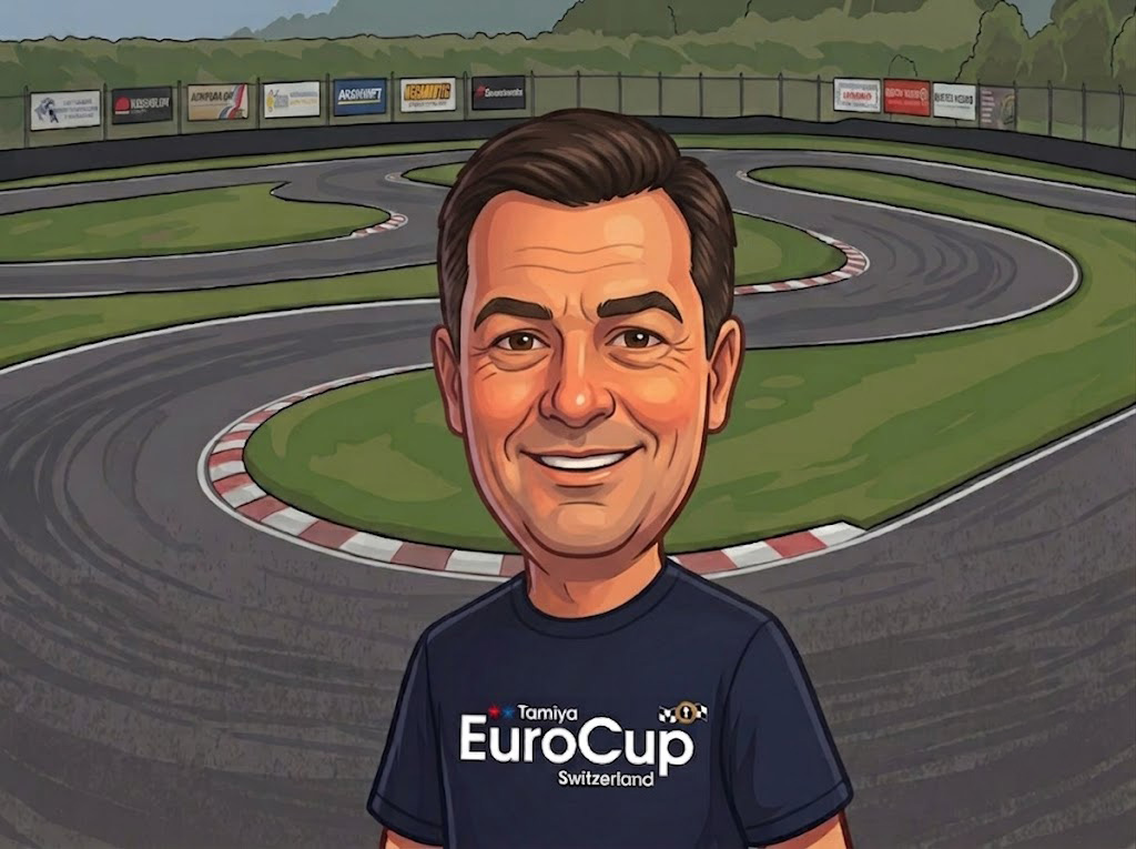 Caricature of smiling man in a EuroCup Switzerland shirt in front of a race track with sponsor banners.