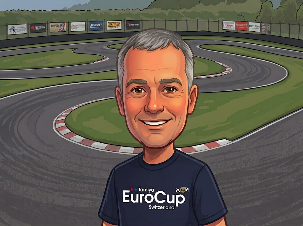 Cartoon of a man with gray hair smiling in front of a go-kart track wearing a Tamiya EuroCup shirt.