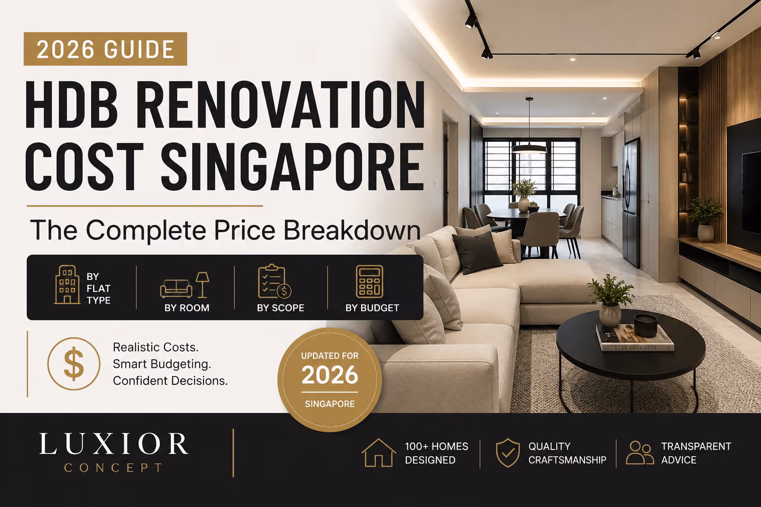 Modern HDB living room renovation in Singapore showcasing a contemporary open-concept interior for a renovation cost guide by Luxior Concept.