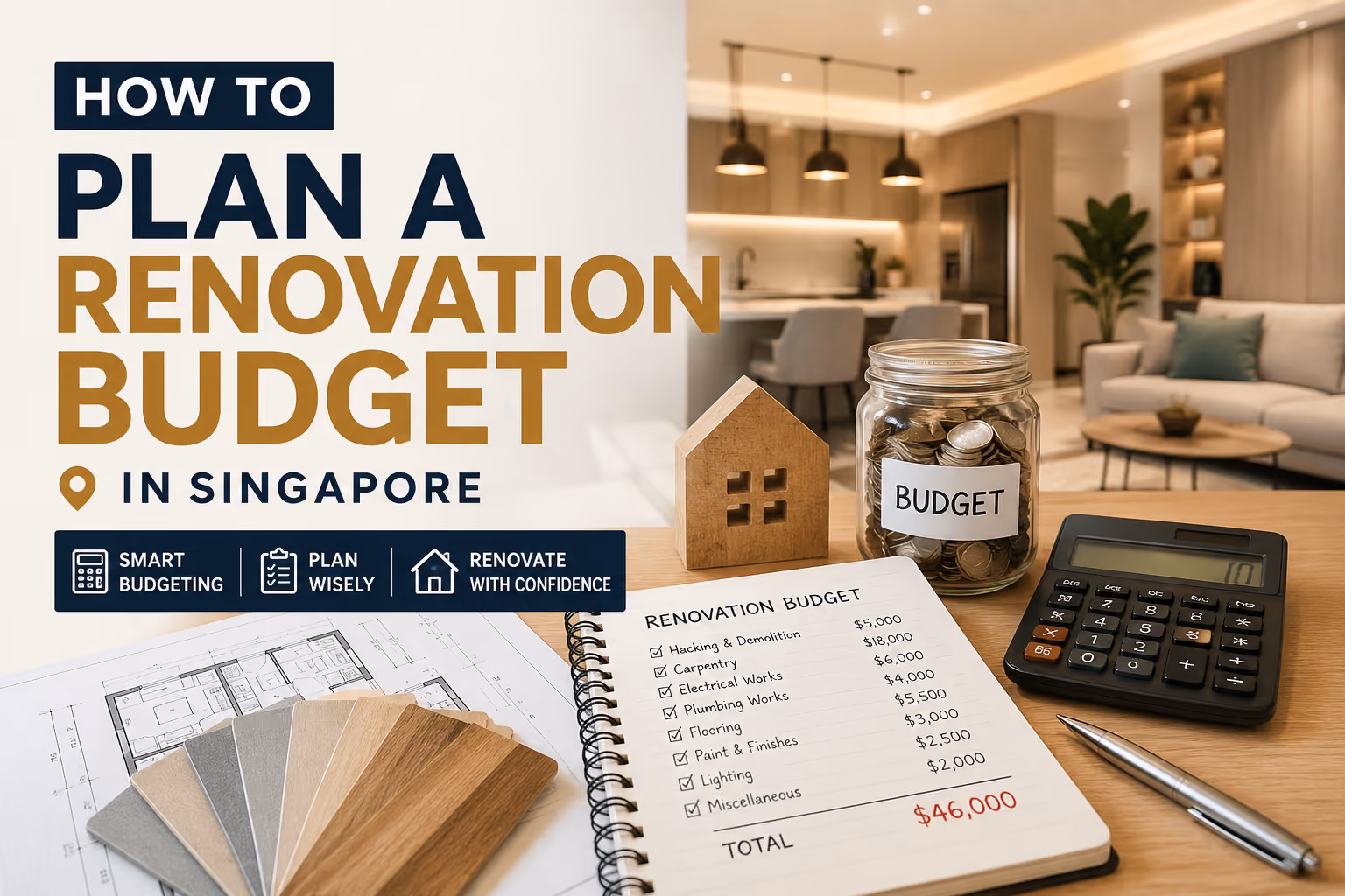 Homeowner planning a renovation budget in Singapore with floor plans, material samples and a laptop at a dining table