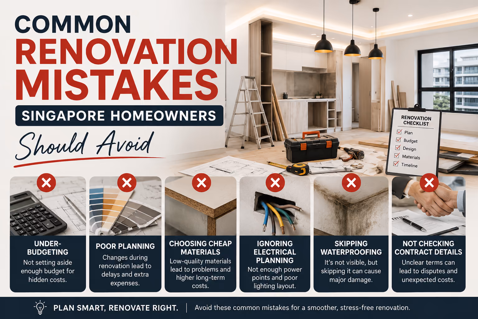 Singapore homeowner reviewing renovation plans and material samples to avoid common renovation mistakes