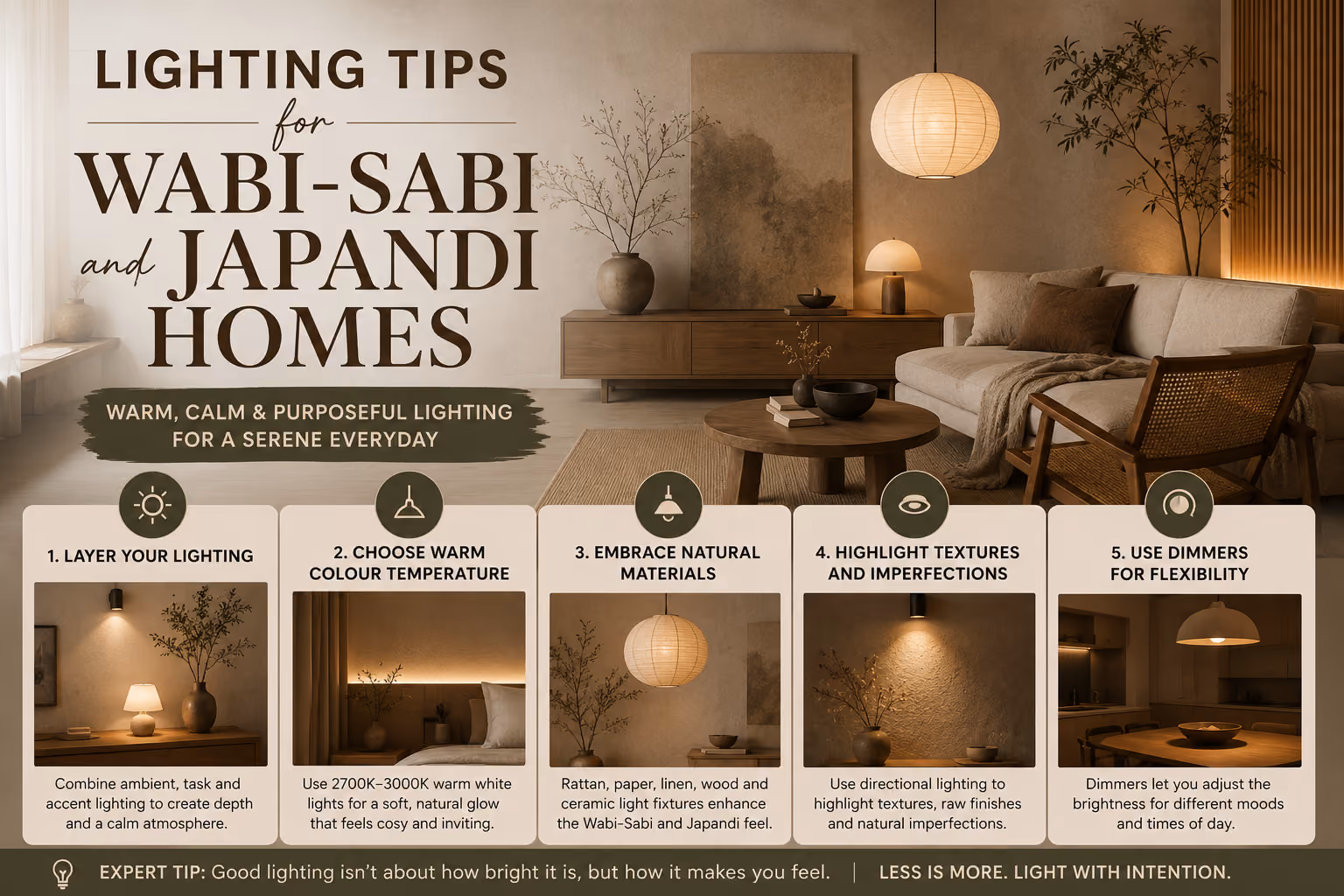 Warm, softly lit Japandi living room with a paper pendant light, timber furniture and linen textures