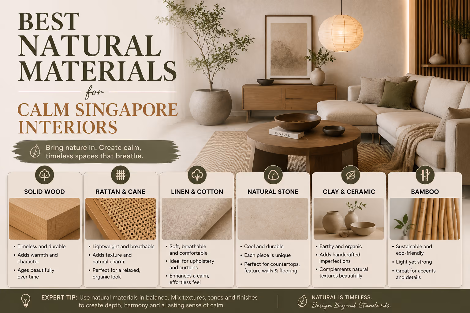Calm Singapore interior vignette layering warm timber, travertine stone, linen and a woven rattan detail