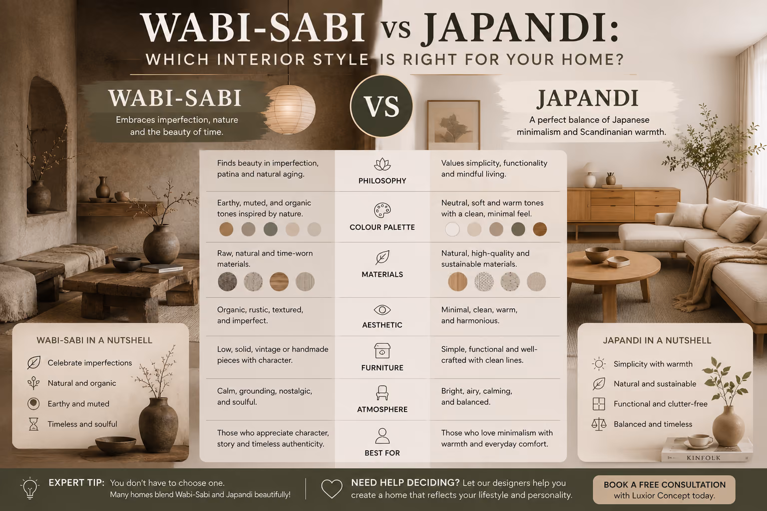 Side-by-side comparison of a raw Wabi-Sabi interior and a refined Japandi living room