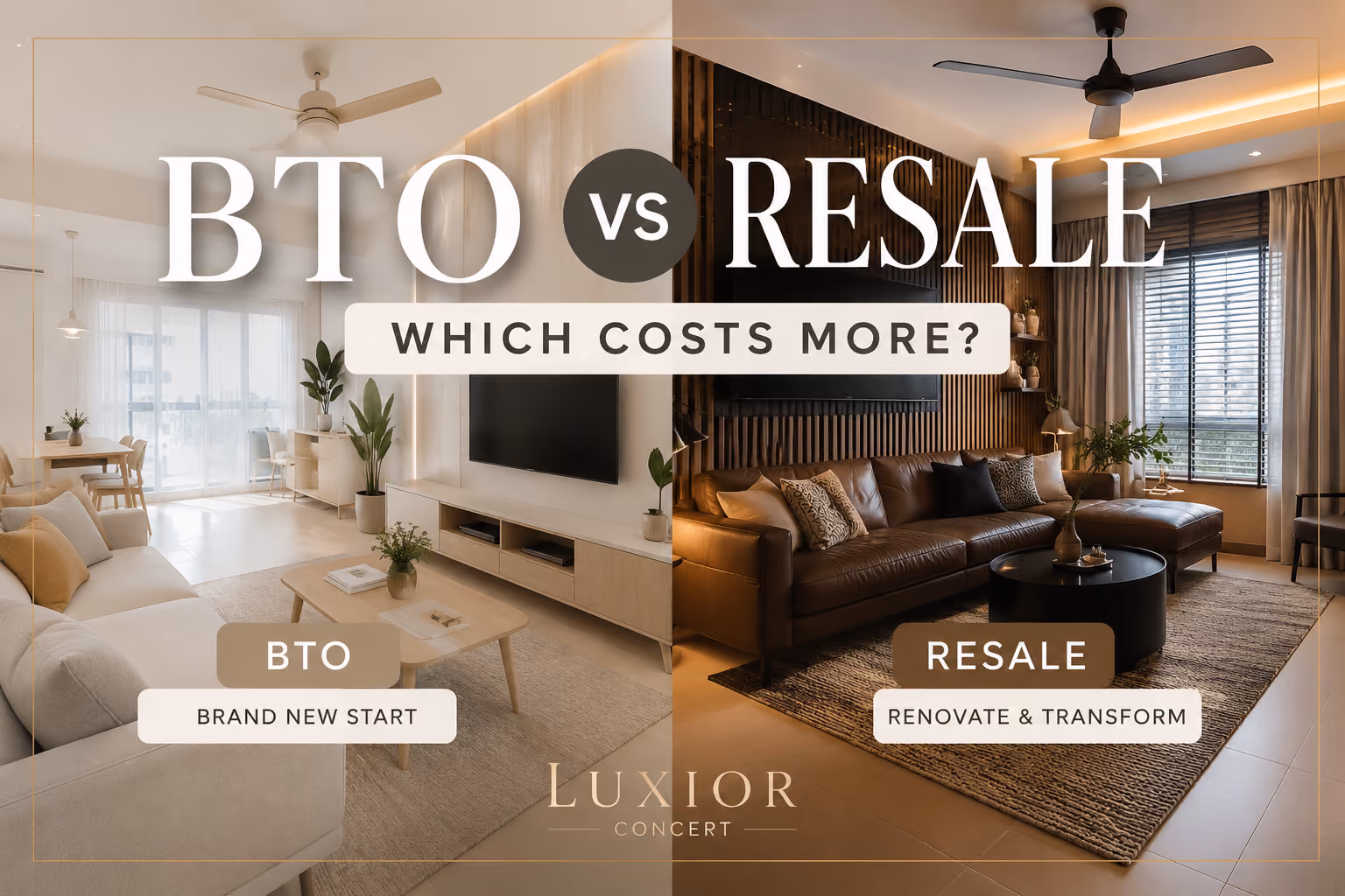 Side-by-side comparison of a renovated BTO flat interior and a renovated resale HDB flat interior in Singapore