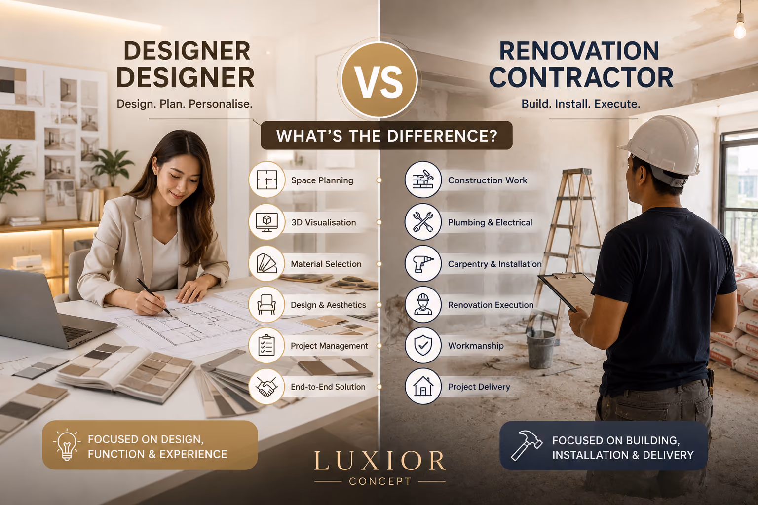 Interior designer and renovation contractor reviewing renovation plans together in a Singapore home