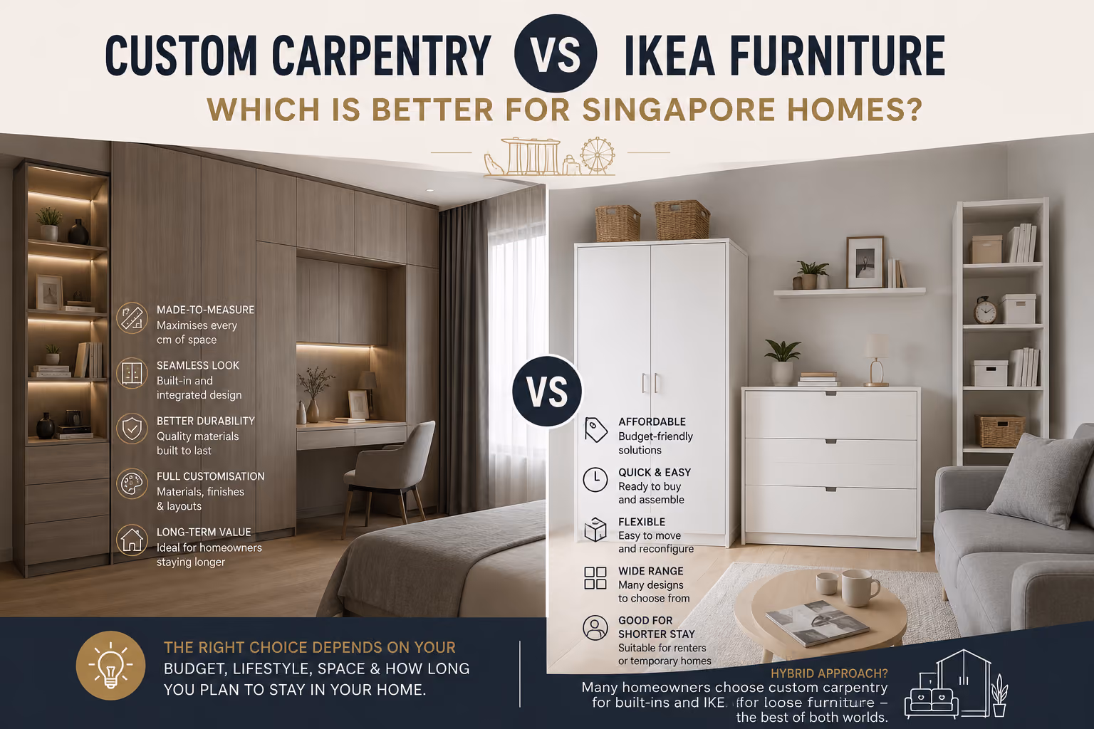 Side-by-side comparison of custom-built wardrobe carpentry and ready-made modular furniture in a Singapore home