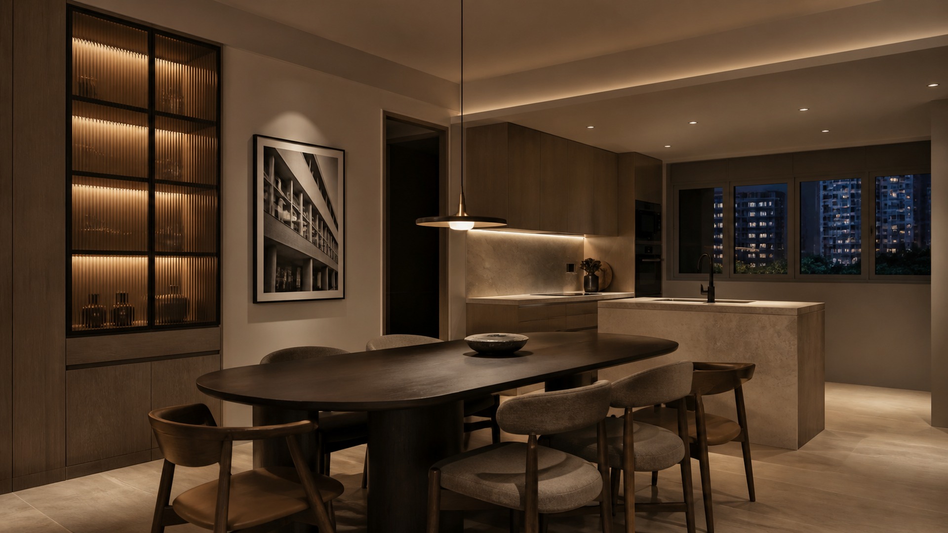Calm, minimalist Singapore living room using plywood and ordinary materials with disciplined spatial planning by Luxior Concept