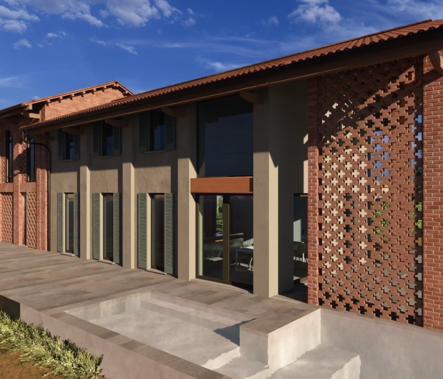 house with brick and stucco walls and large windows.