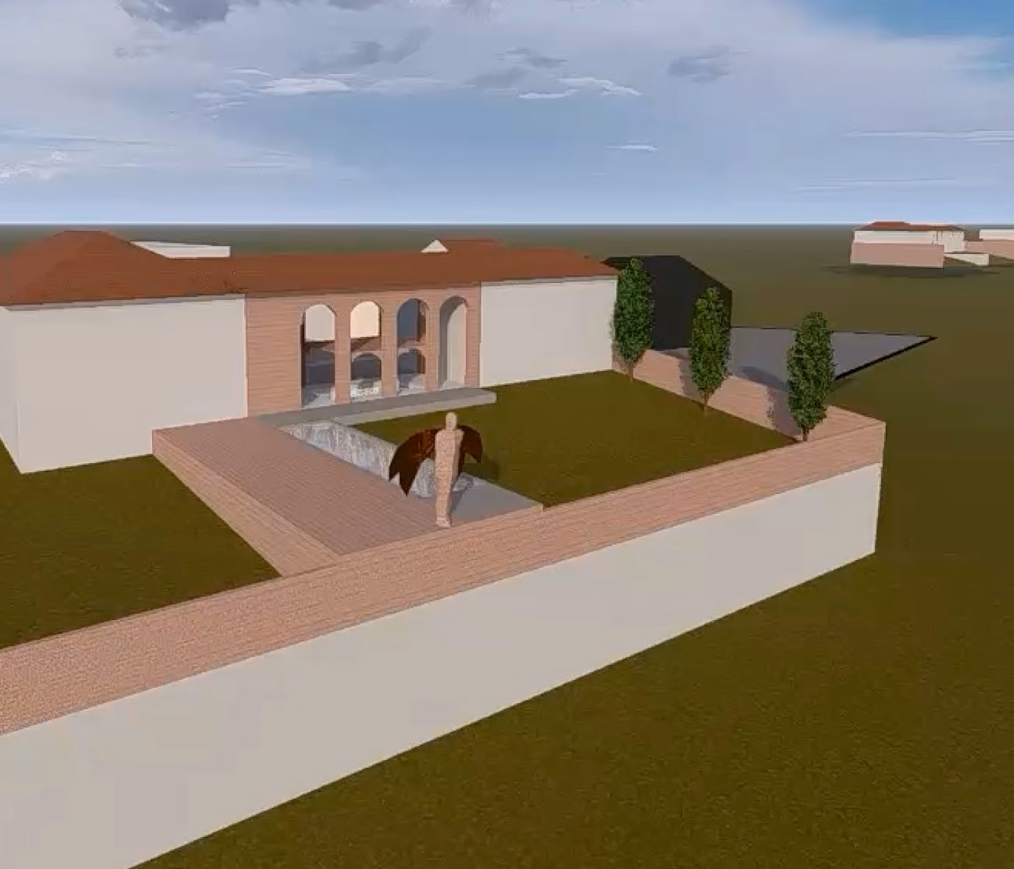 Digital model of a courtyard with brick walls, arched windows, a figure statue, and three trees.