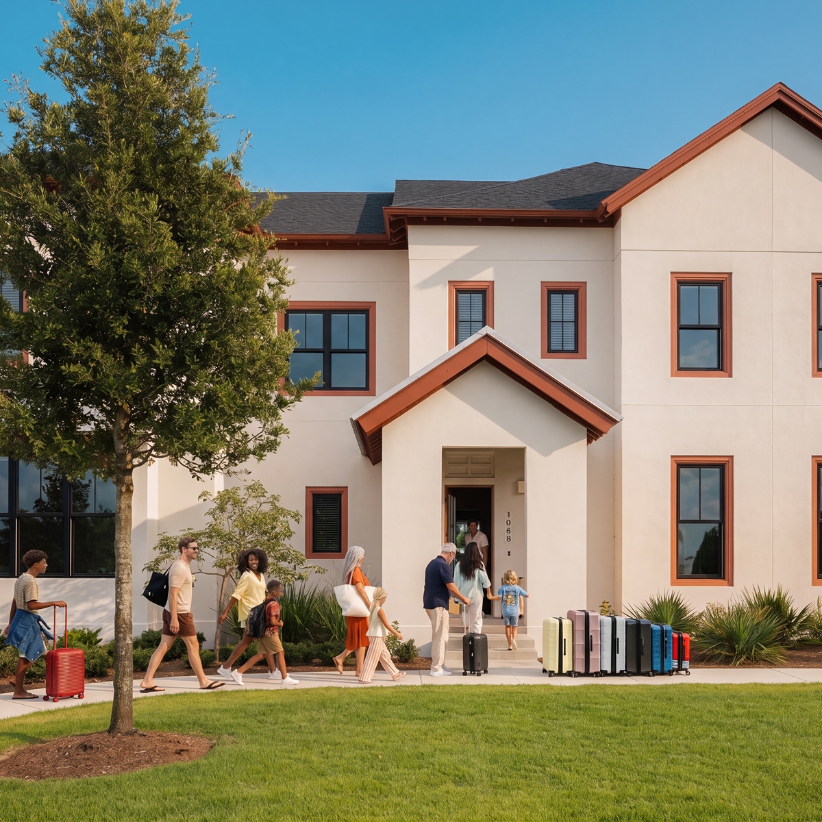 Group of people entering a modern two-story beige house carrying luggage on a sunny day.