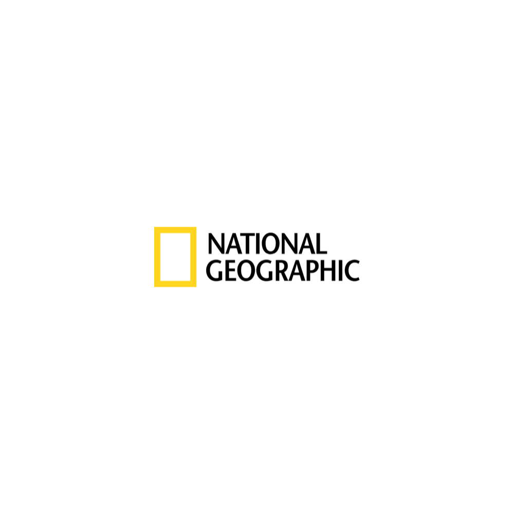 National Geographic logo with a yellow rectangular frame and text on white background.