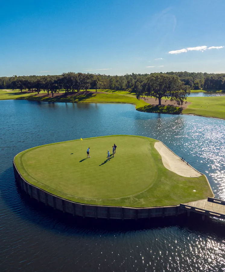 A small island green on a golf course with four golfers and a yellow flag surrounded by water.