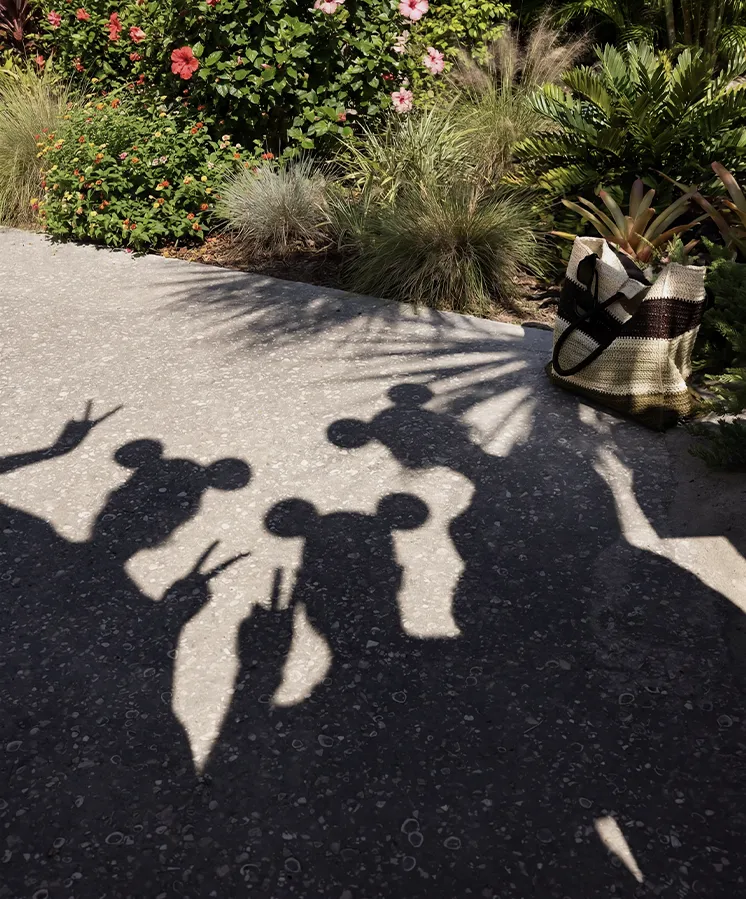 Shadows of four people wearing Mickey Mouse ears and making peace signs on pavement near tropical plants.