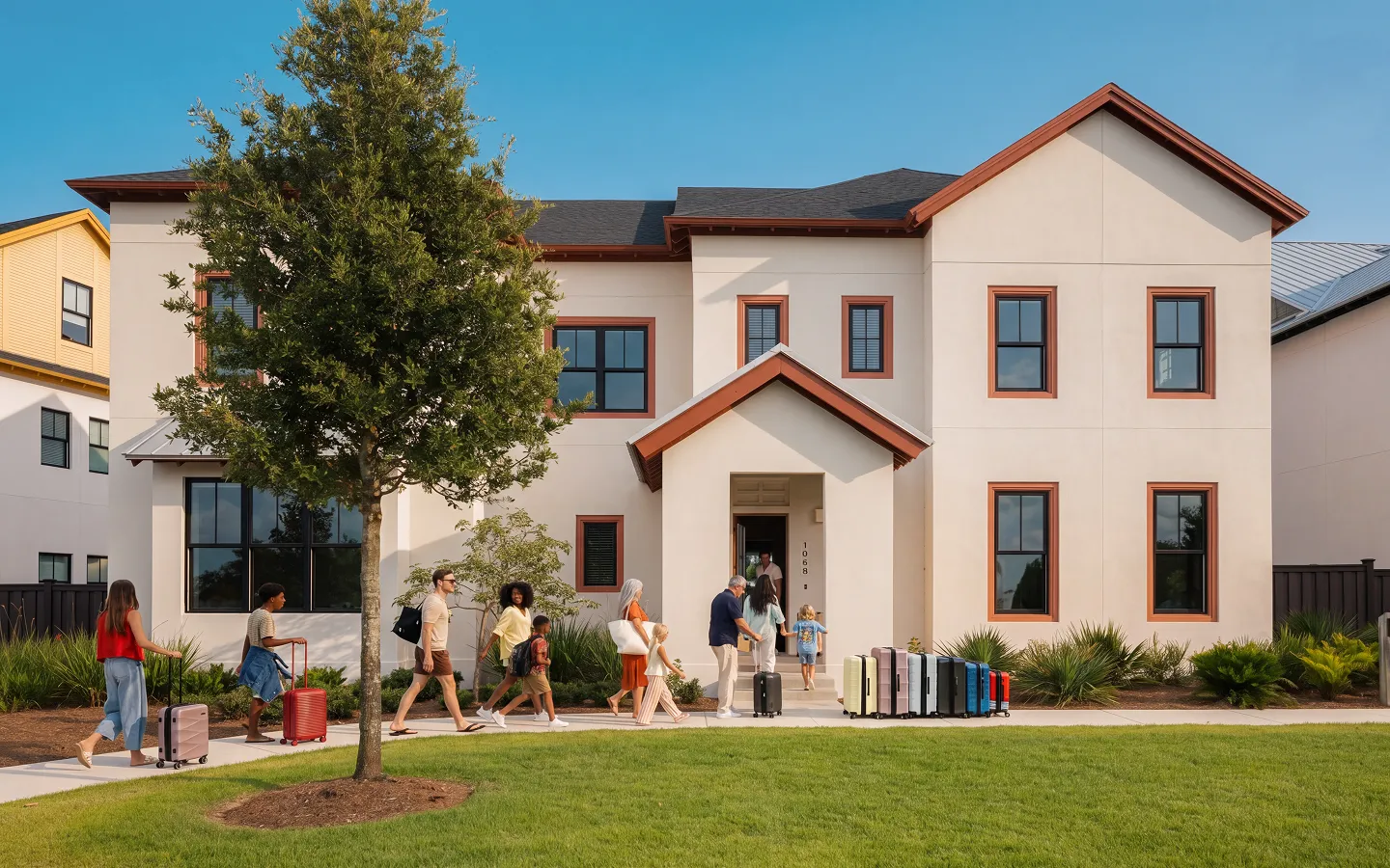 A diverse group of people walking on a sidewalk carrying colorful suitcases toward a two-story house.