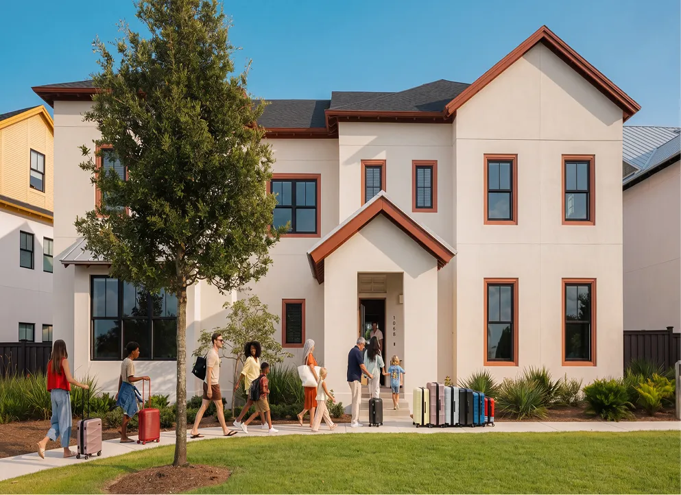 Group of diverse people carrying luggage walking toward a modern two-story house with beige walls.