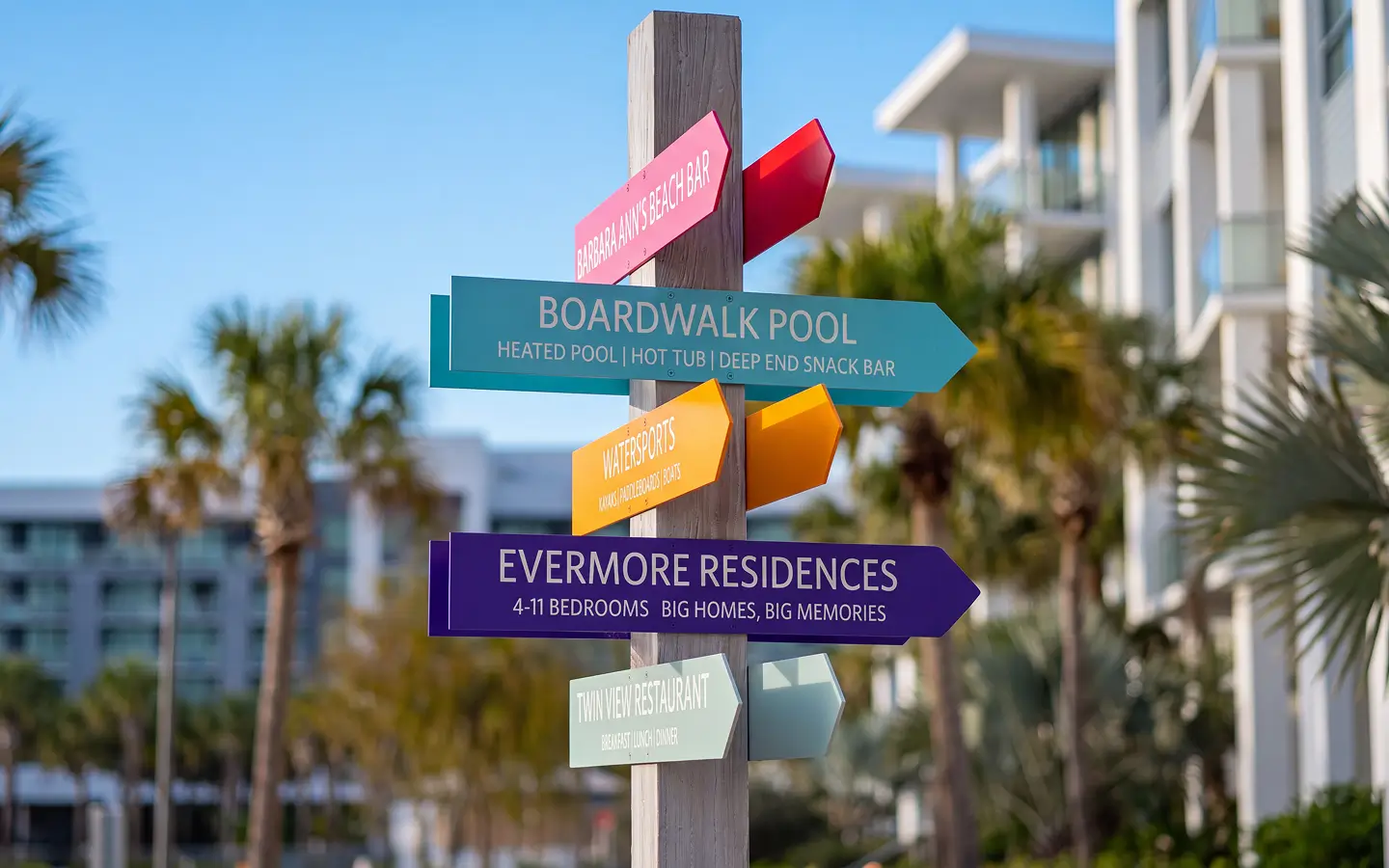Colorful wooden signpost with arrows pointing to pool, beach bar, watersports, residences, and restaurant.