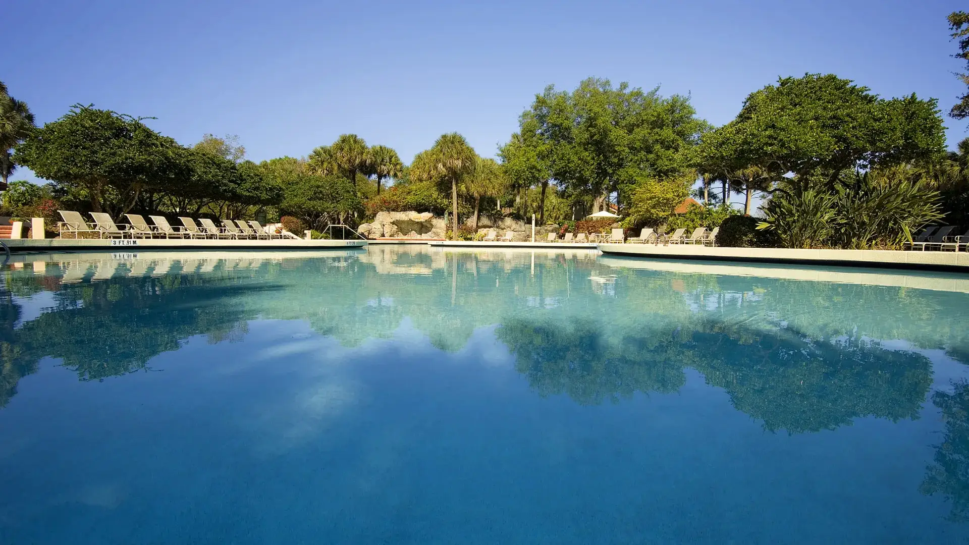 Clear outdoor swimming pool with lounge chairs and lush green trees under a blue sky.