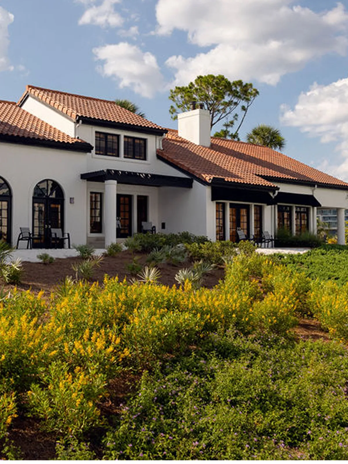 White house with terracotta roof surrounded by green shrubs and yellow flowering plants under blue sky.