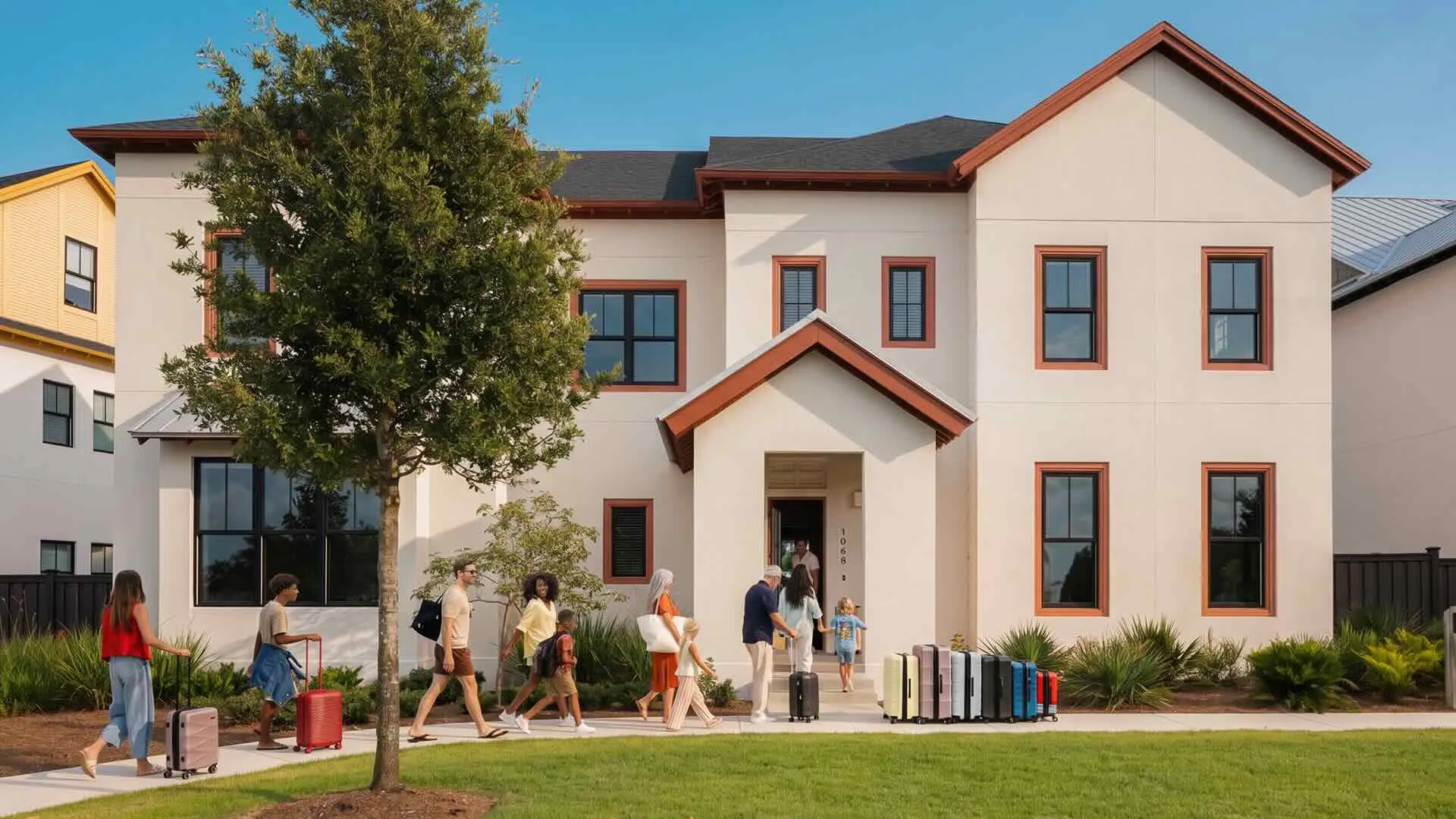 A group of people with suitcases walking toward the entrance of a modern two-story house.