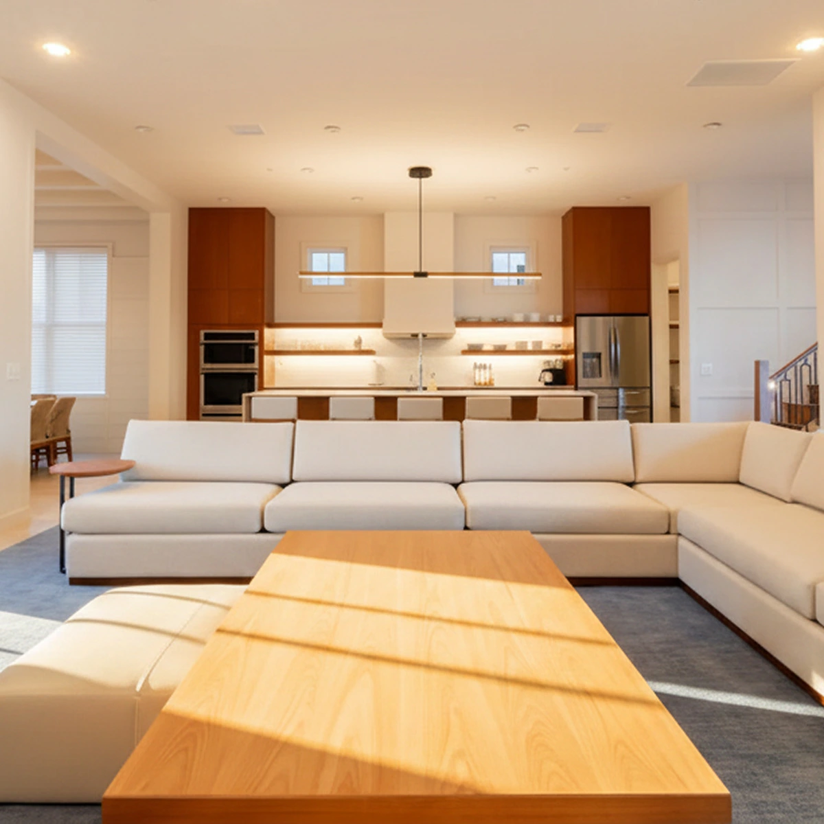 Modern living room with beige sectional sofa, wooden coffee table, and open kitchen with wood cabinets.