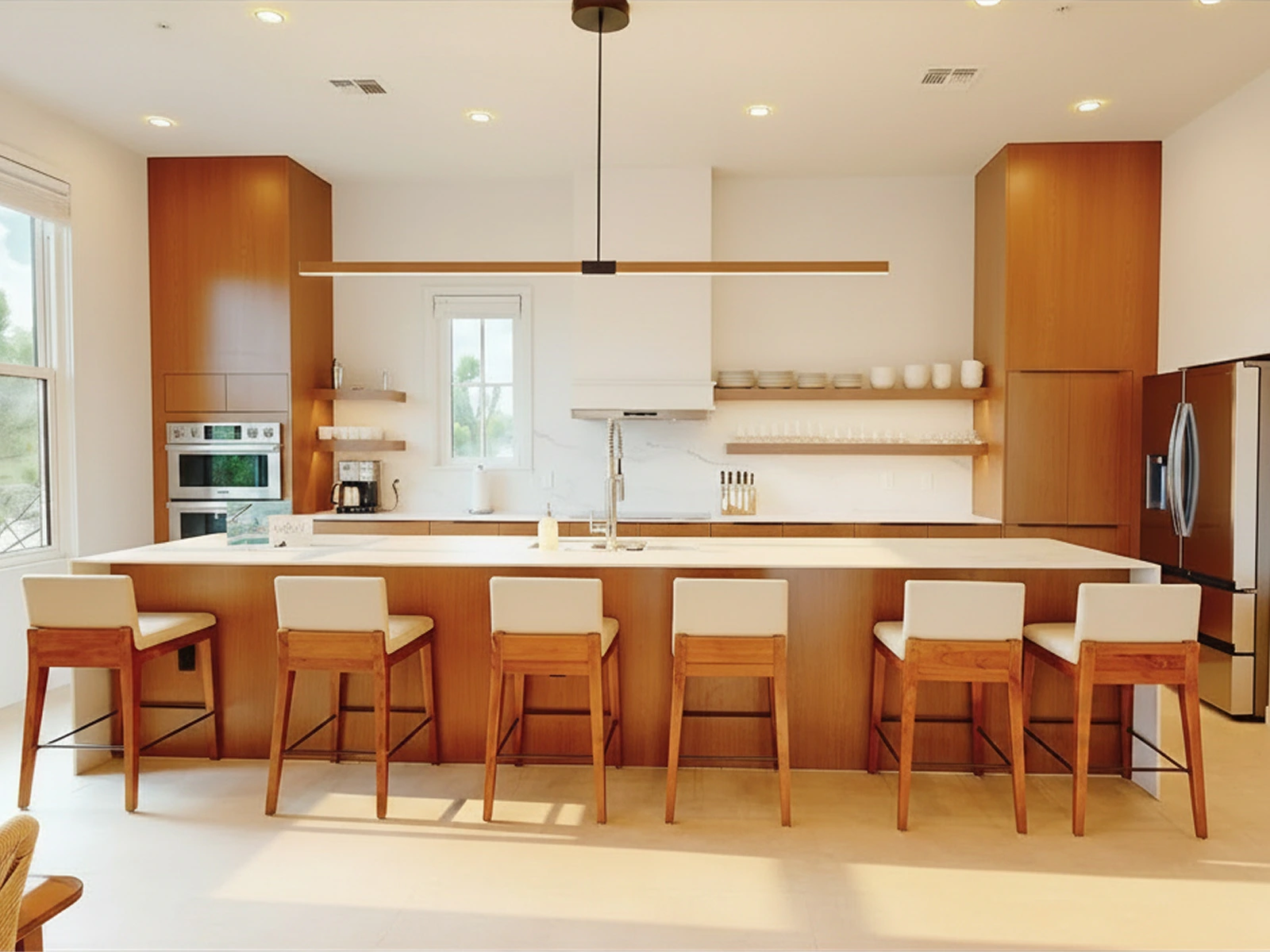 Modern kitchen with a large island, six wooden chairs, white countertops, and wood cabinets.