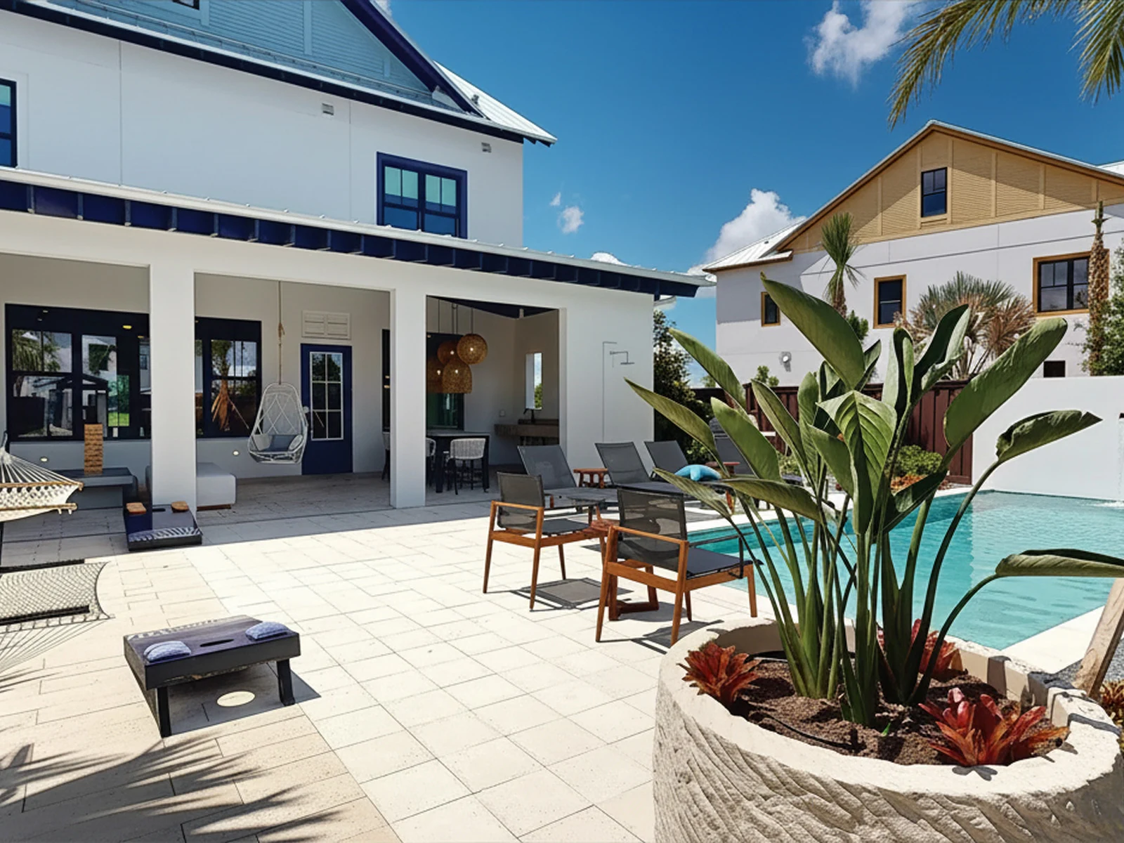 Outdoor patio with pool, lounge chairs, hammock, potted plant, and modern white house under blue sky.
