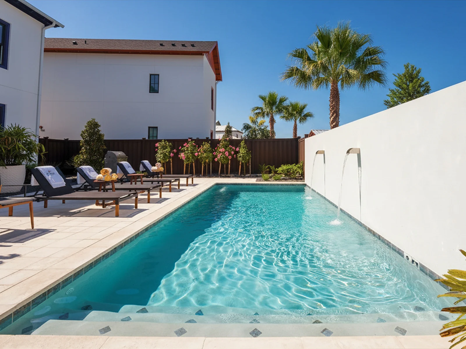 Clear outdoor rectangular swimming pool with lounge chairs and water fountains on a sunny day.