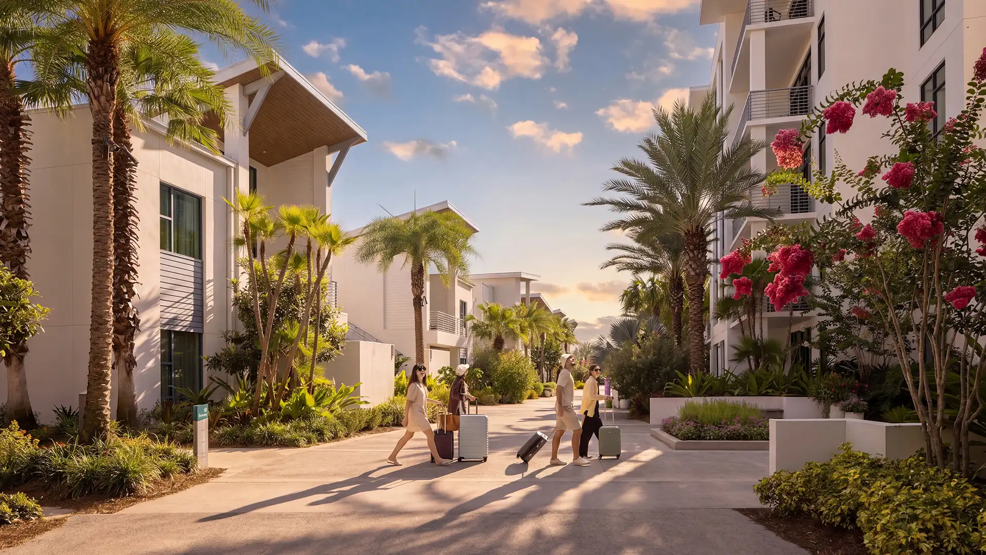Four people walking with suitcases along a palm-lined walkway between modern white buildings.