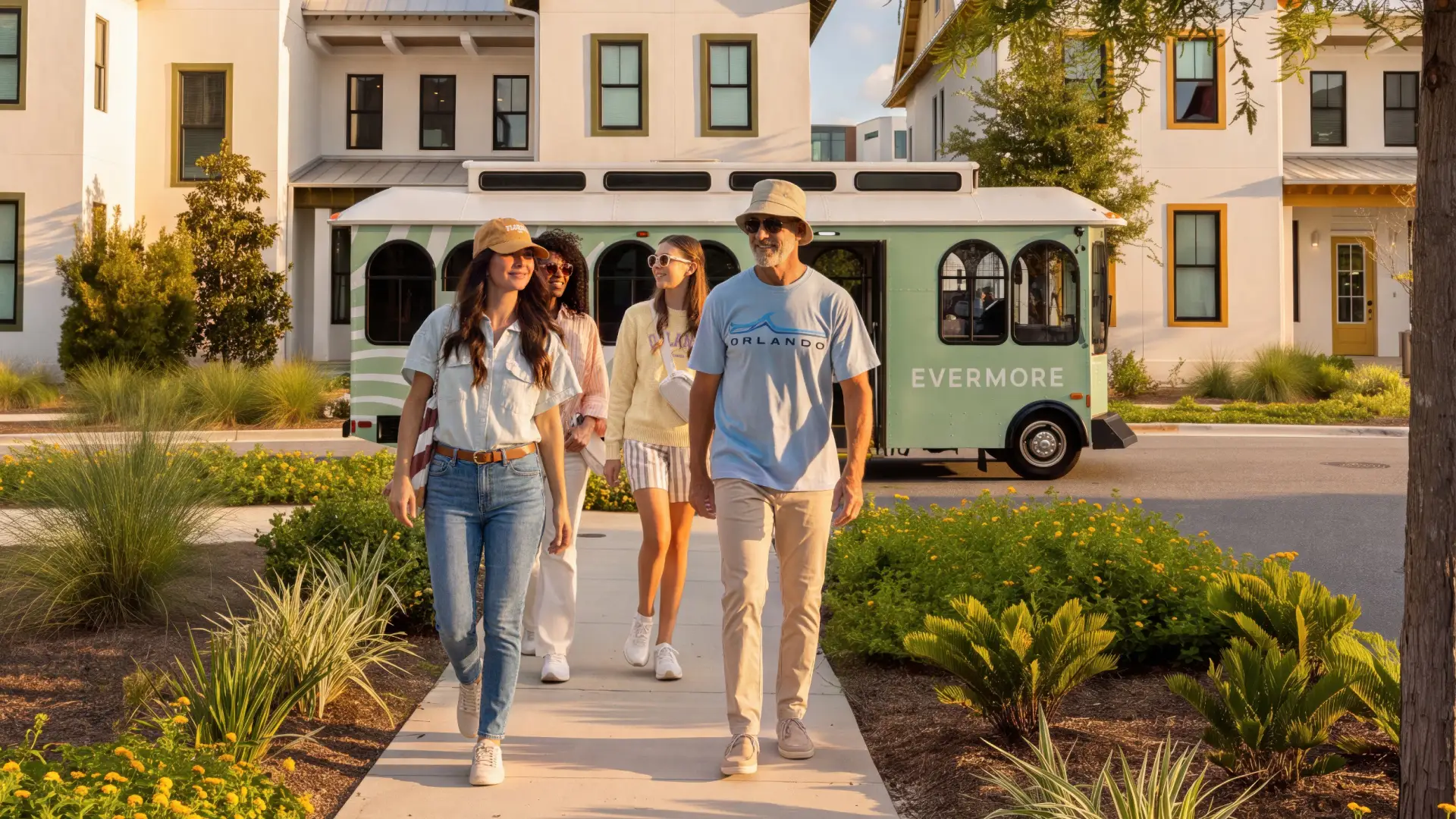Four people casually walking on a sidewalk with a green Evermore trolley and houses in the background.