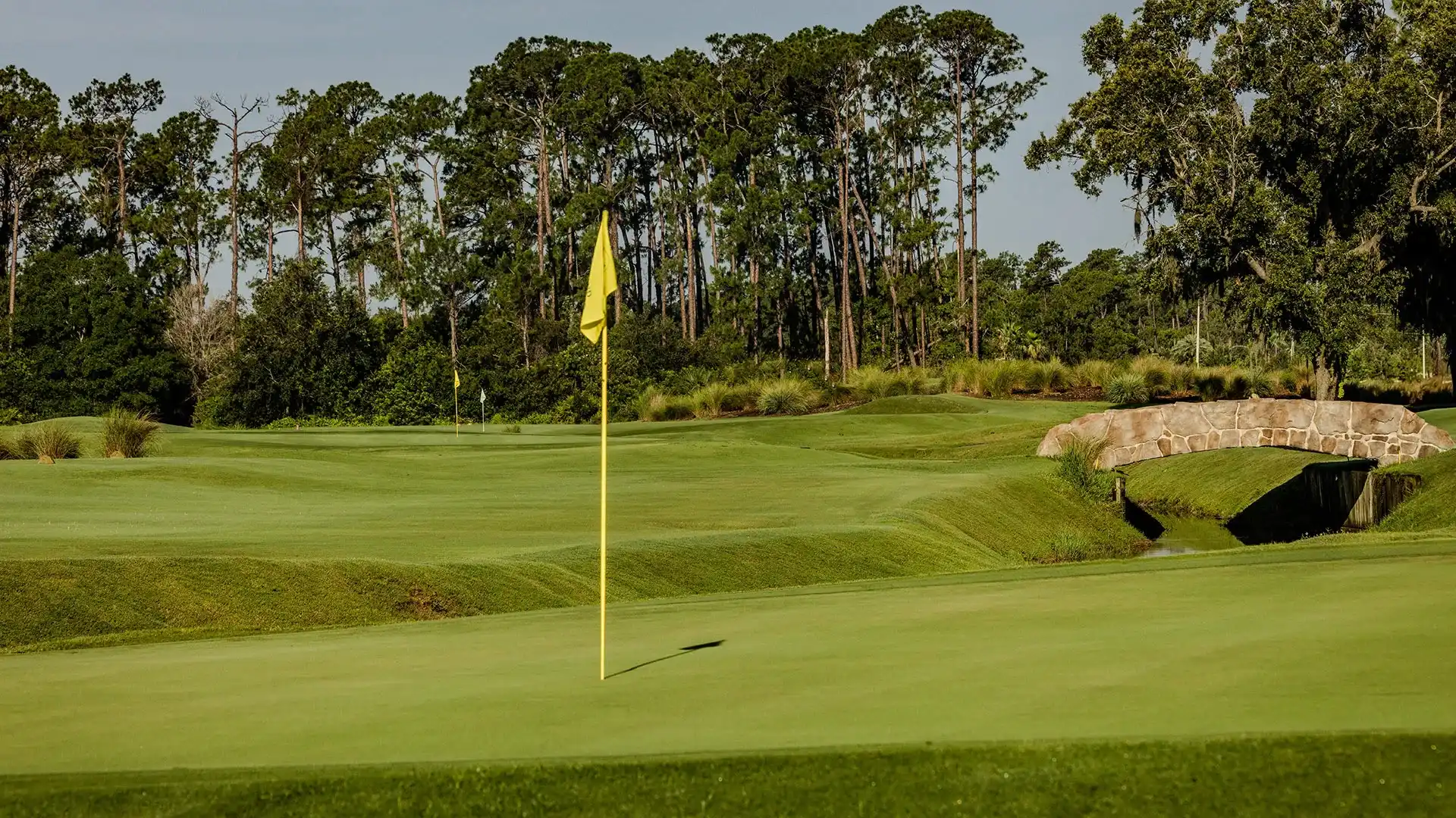 Golf course green with yellow flagsticks, a stone bridge, and tall pine trees in the background.