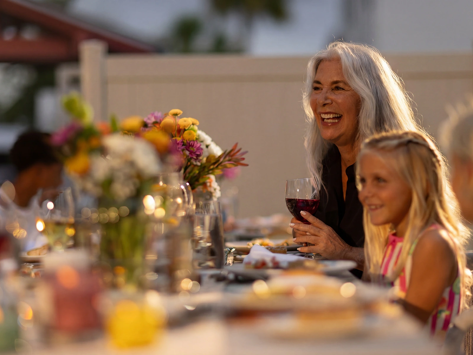 Older woman laughing and holding wine glass at a table with a young girl and colorful flowers.