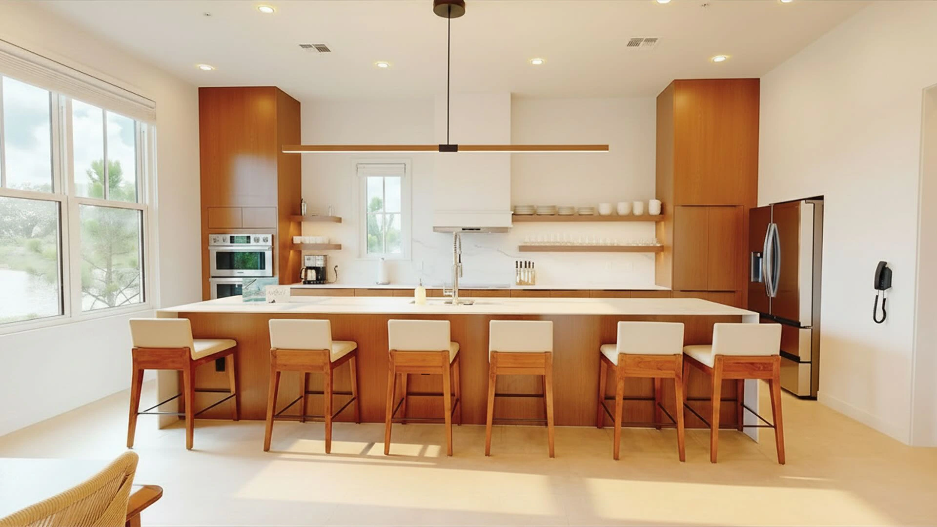 Modern kitchen with large island, six wood chairs, wood cabinets, stainless steel appliances, and a window.