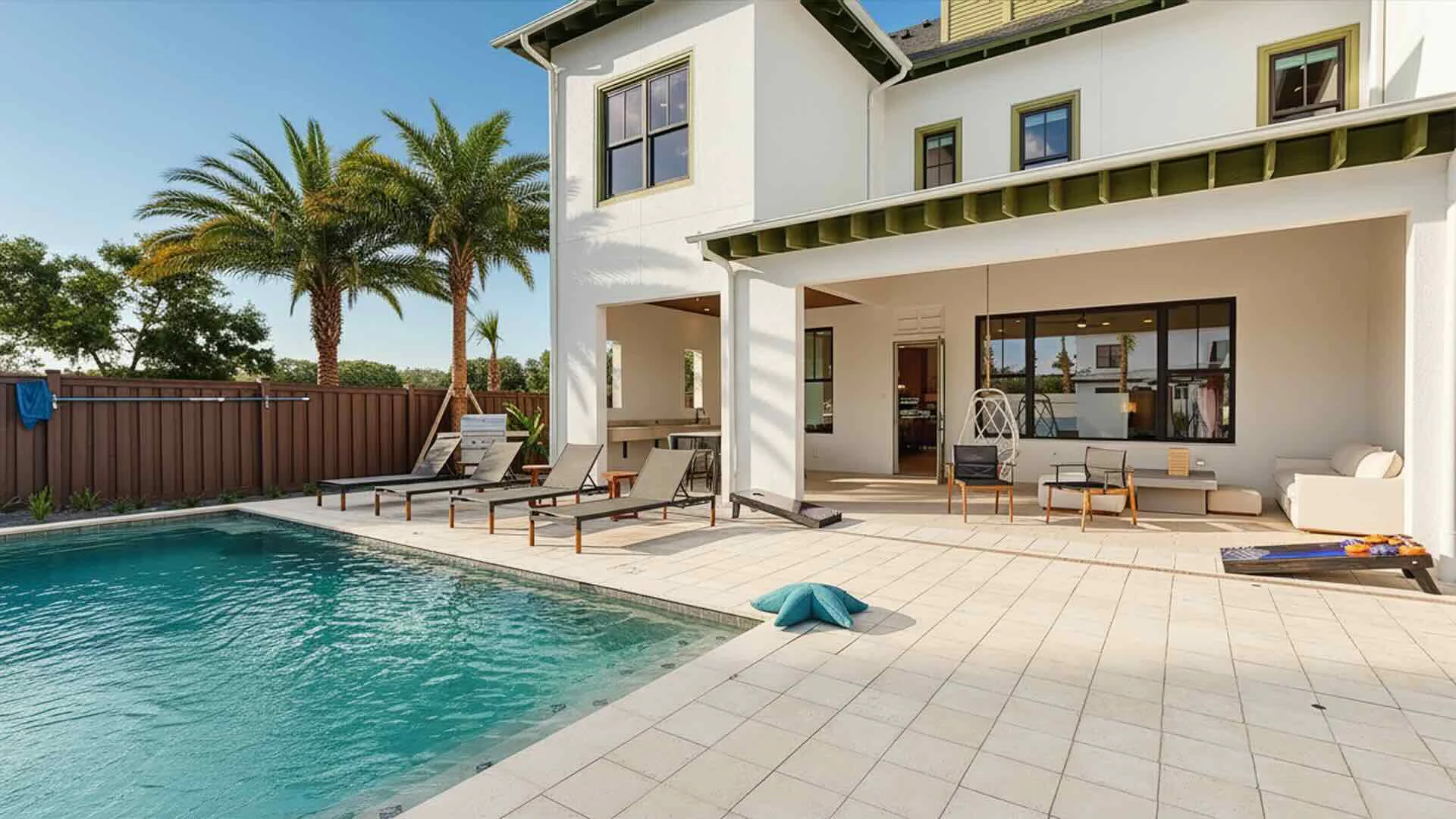 Outdoor pool area with lounge chairs, palm trees, and a covered patio with seating.