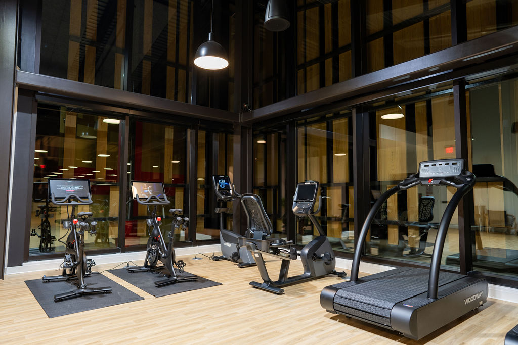 Indoor gym room with two stationary bikes, a rowing machine, and a curved treadmill on wood floor.