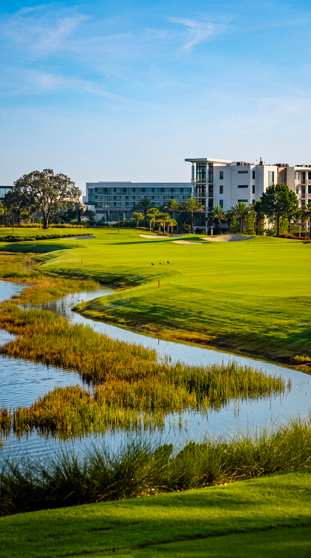 Aerial view of golfers walking the fairway on the Links Course