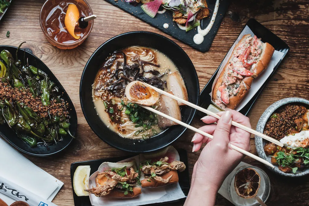 Overhead shot of a shared plates spread at Domu restaurant on Orlando's Restaurant Row