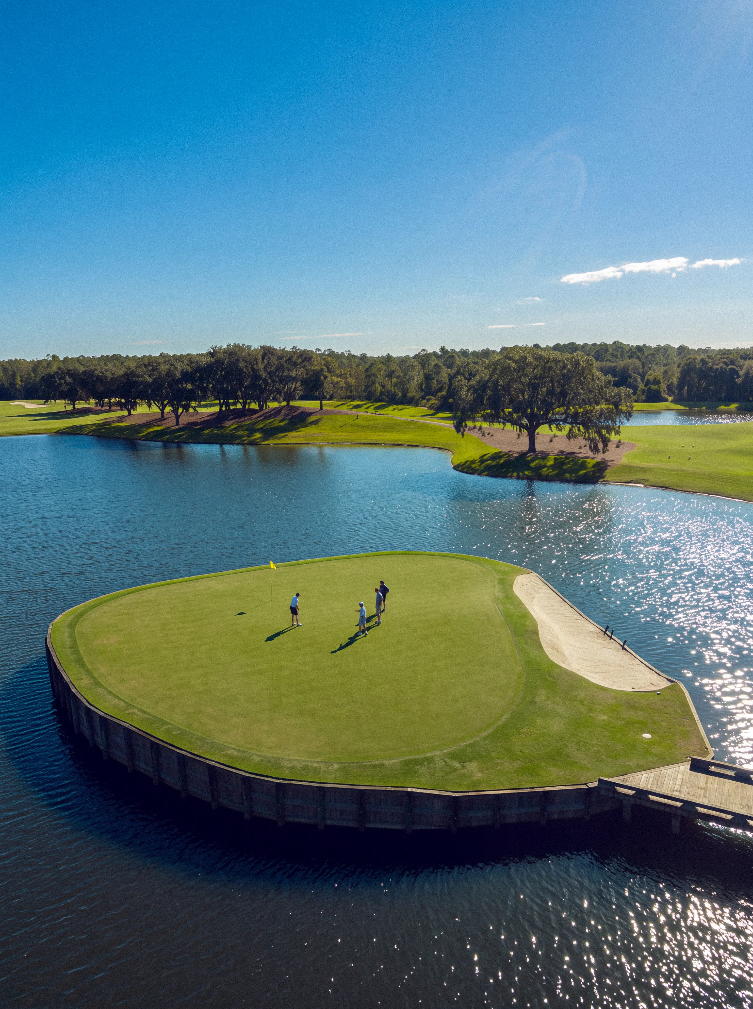 Four golfers on a green island surrounded by water with trees in the background under clear sky.