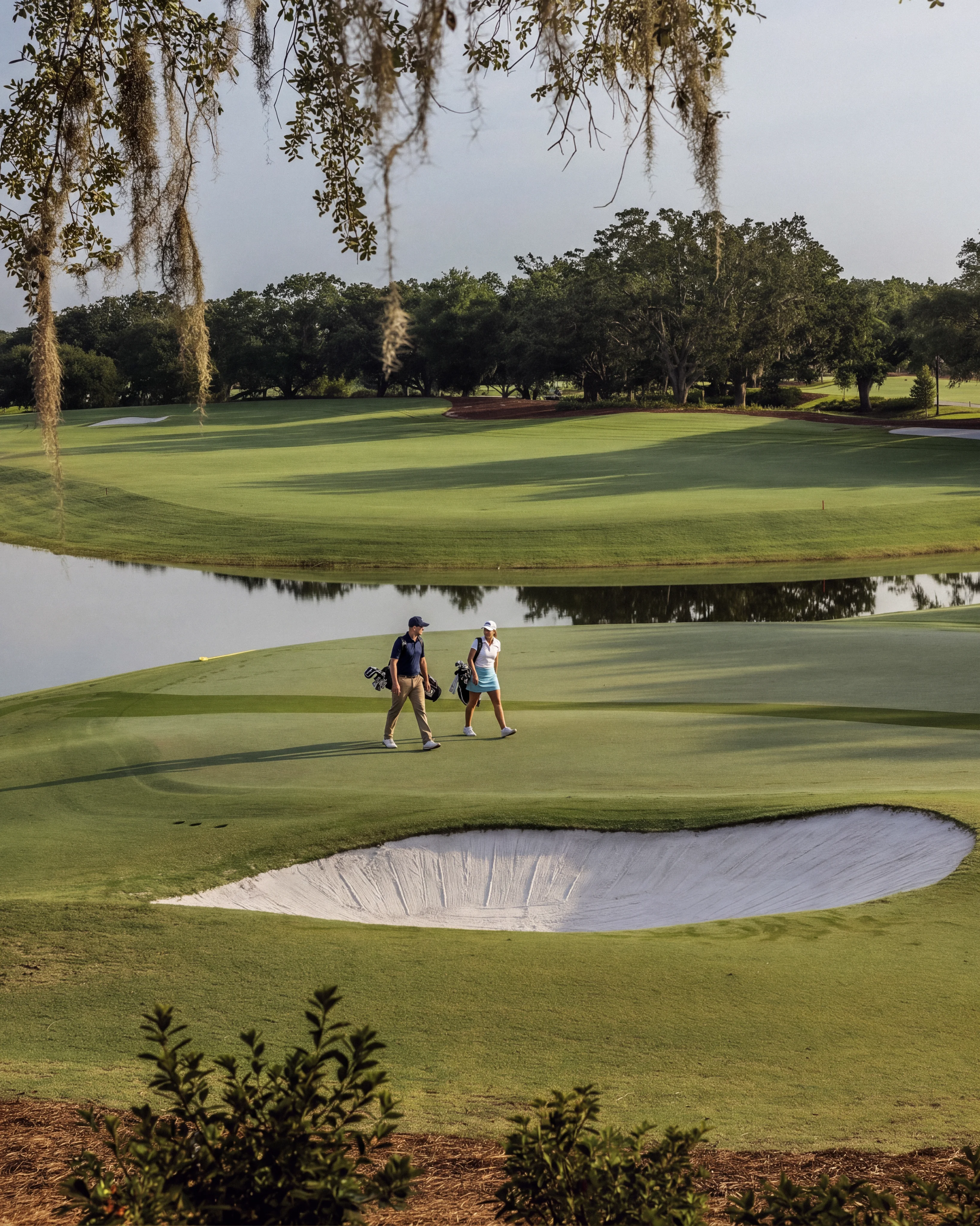 Man and woman walking on a golf course green carrying golf bags near sand bunker and water.