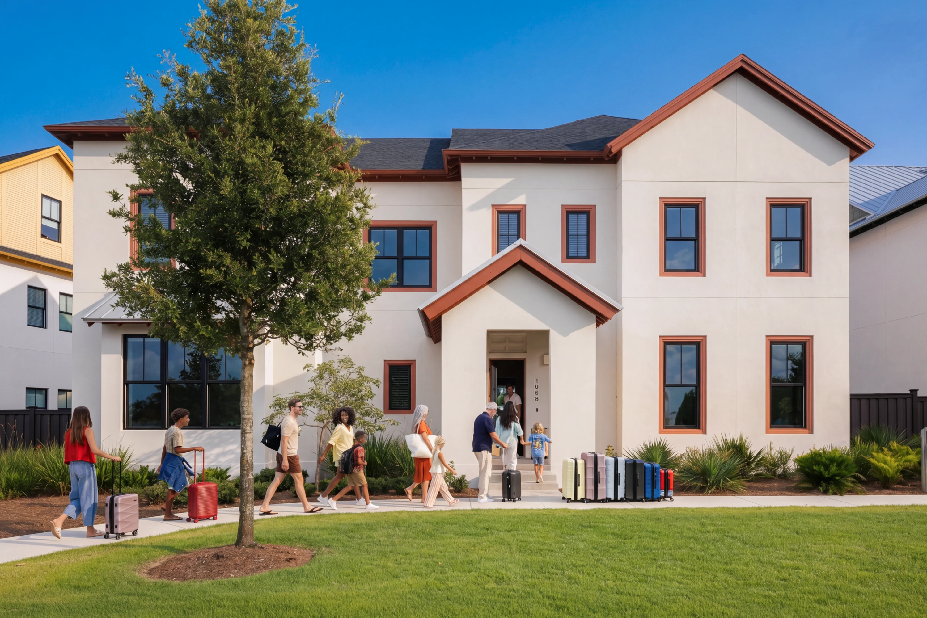 Group of people with luggage walking toward a modern two-story house with a red-trimmed entrance.