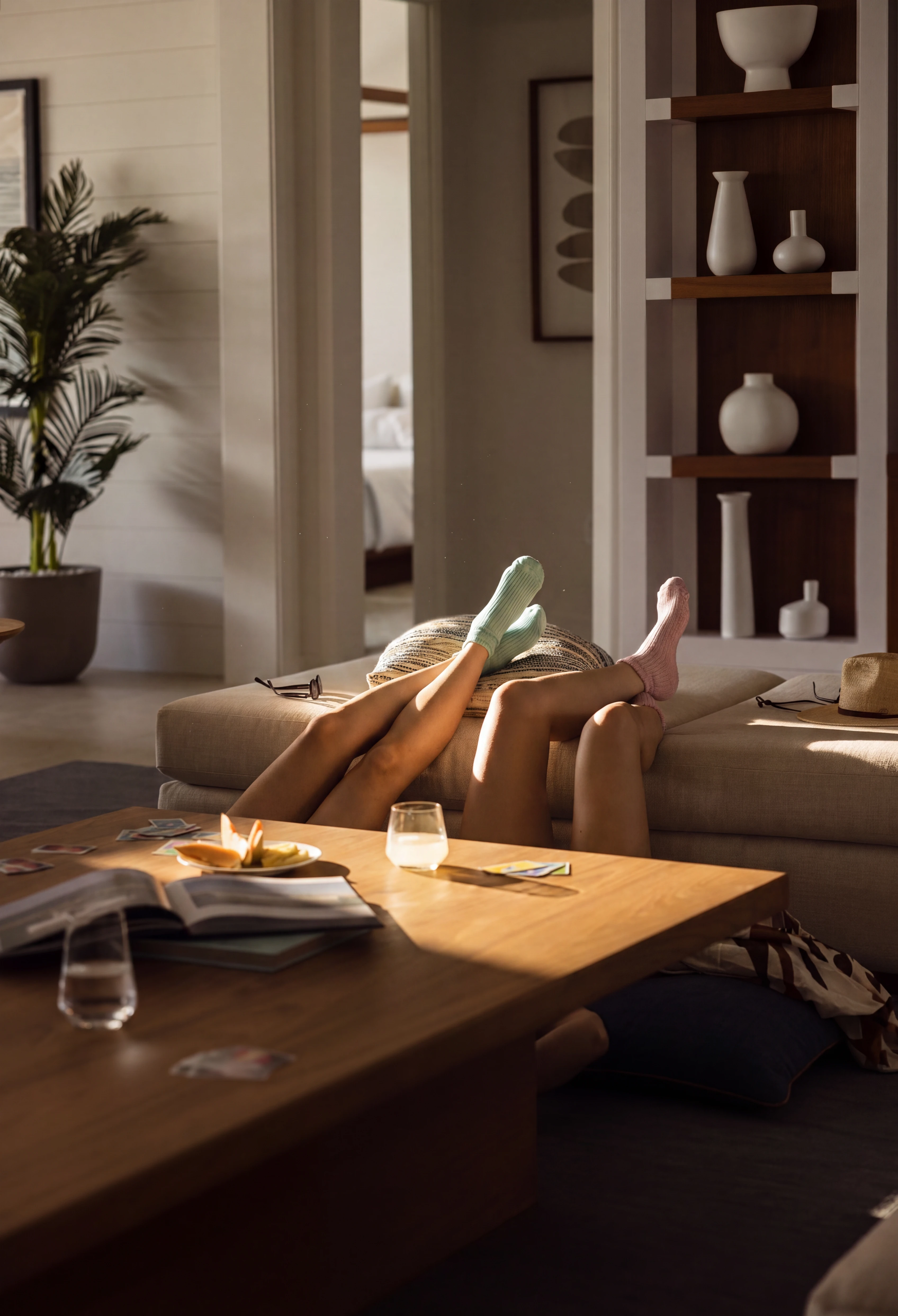 Picture of teenagers having a conversation. Two pairs of legs with mismatched socks resting on a beige couch in cozy living room.