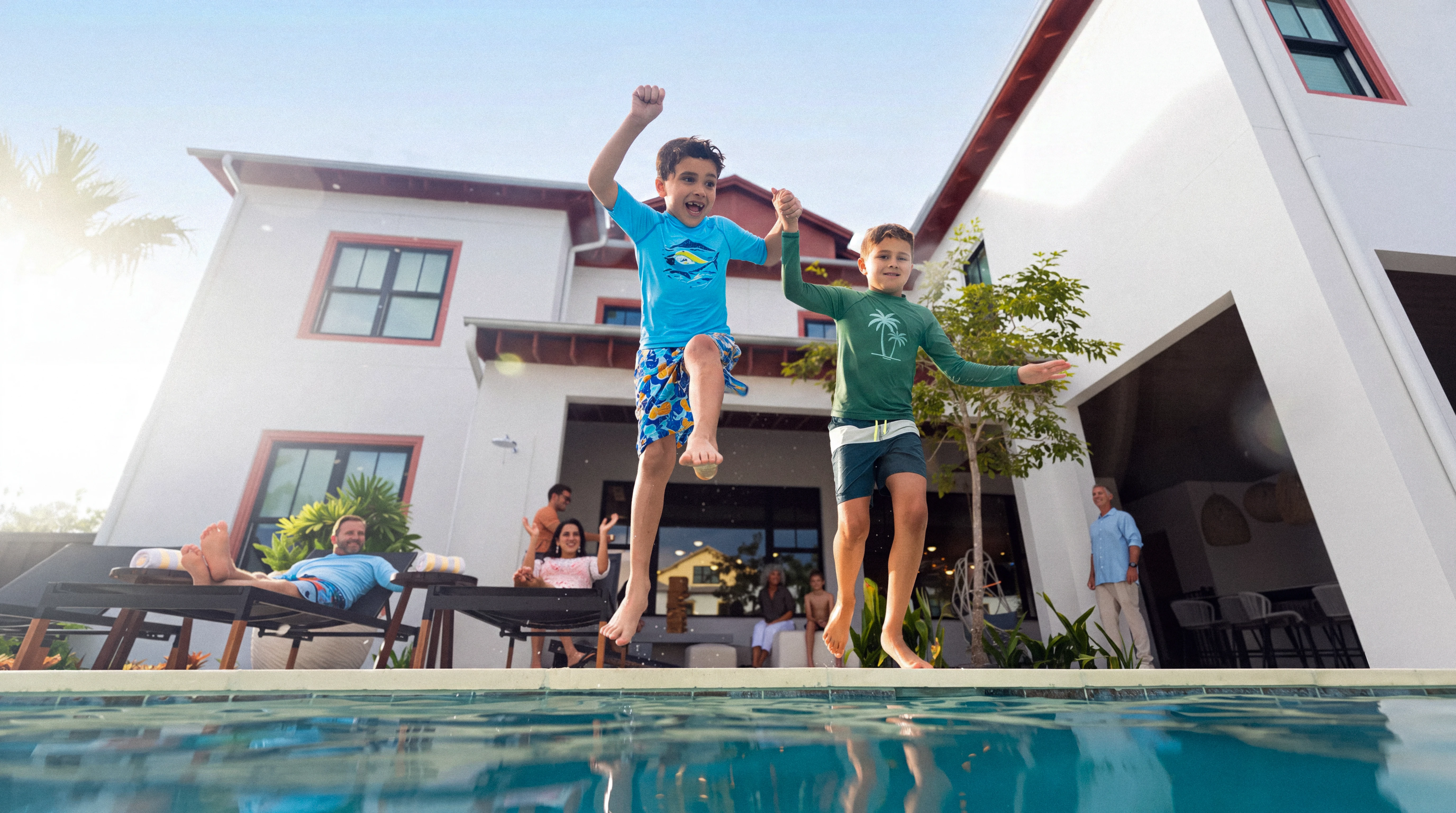 Two boys jumping hand-in-hand into a pool in front of a large house with family members watching.