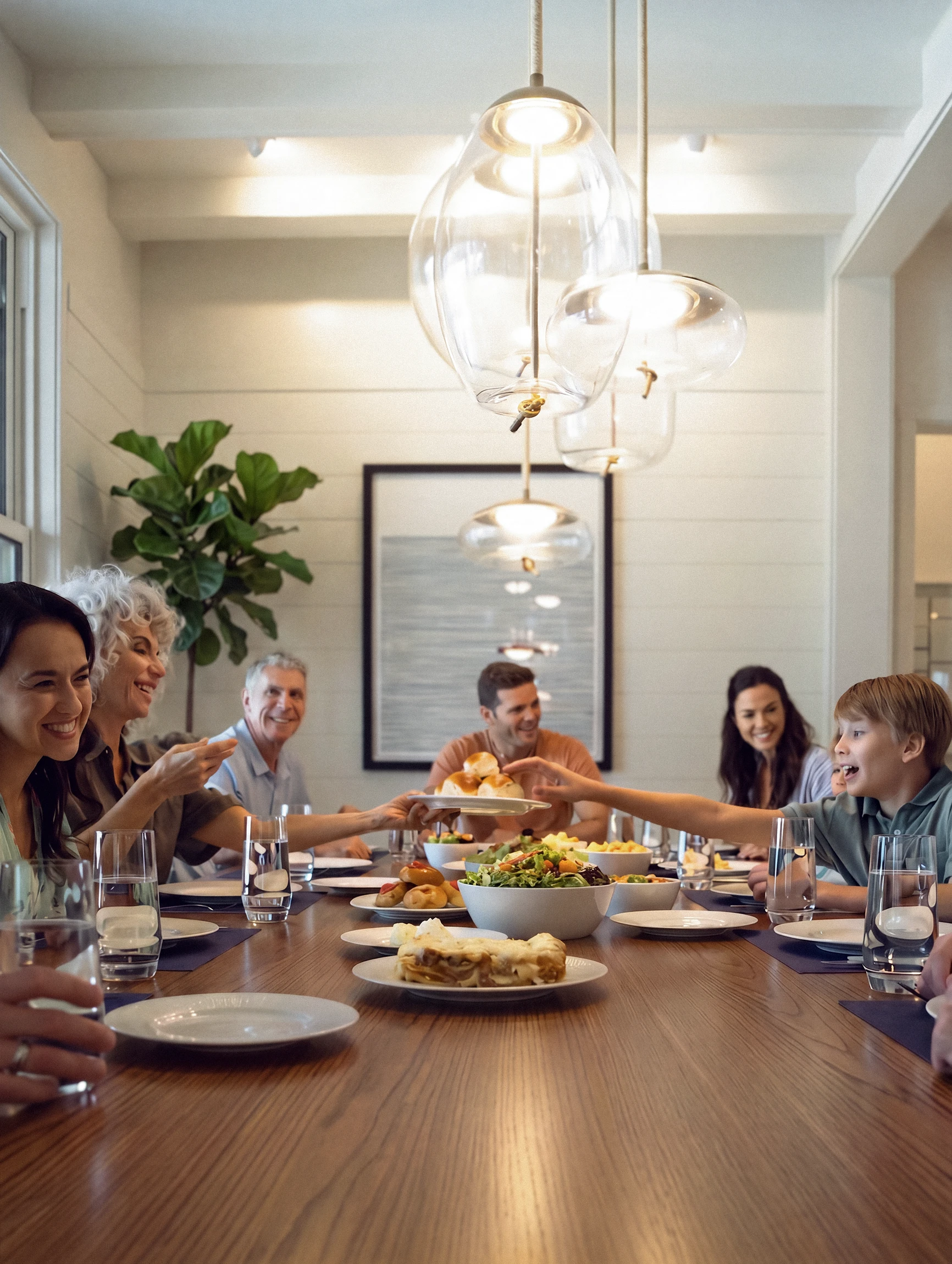 Family gathered around a dining table sharing food.